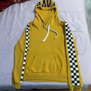 mustard yellow checkered LOVE hoodie sweater EUC